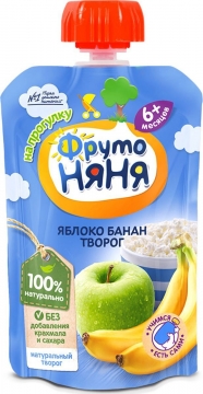 ФрутоНяня 90гр. Пюре яблочно-банановое с творогом и сахаром./12шт.