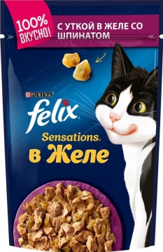 Felix Sensations корм для кошек кусочки в желе утка/шпинат пакетик 85гр./6шт. Феликс