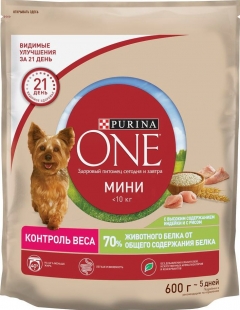 Purina ONE МИНИ сухой корм для собак Здоровый Вес индейка/рис 600 г./4шт. Пурина ВАН