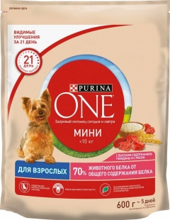 Purina ONE МИНИ сухой корм для взрослых собак говядина/рис 600 гр./4шт. Пурина ВАН